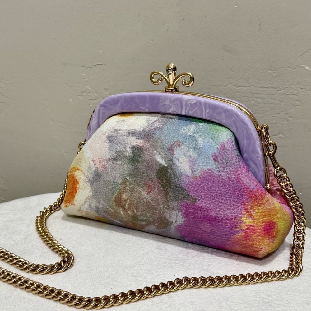 Tie-dye Print Cowhide Handmade Acrylic Frame Push Lock Handbag, Crossbody